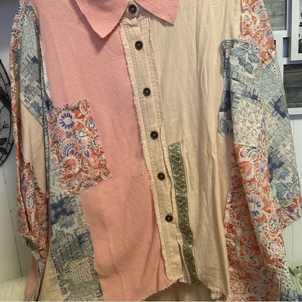 Patchwork Button Down Shirt - Pink and Cream NWOT